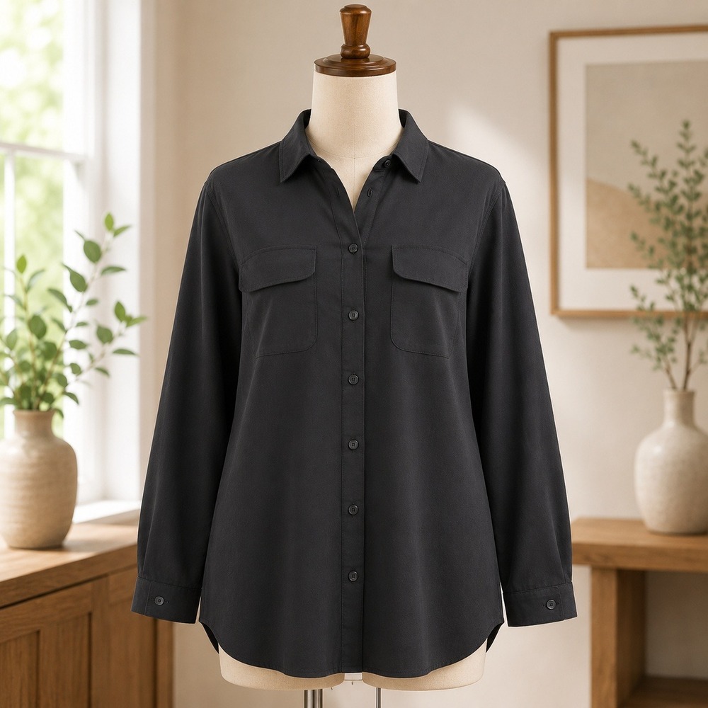D&C Essentials Womens Black Button Down Roll Tab Sleeve Shirt Blouse‎ Size L